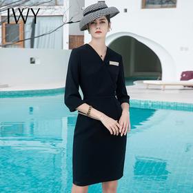 IWY/藏青色2022夏季新款职业连衣裙女神范气质名媛V领修身包臀裙Q528