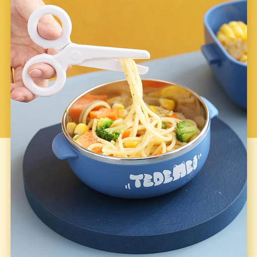 【欧尔金维品牌礼品】儿童便携饭盒不锈钢辅食套装  配辅食剪刀 勺子 一碗两用 商品图1