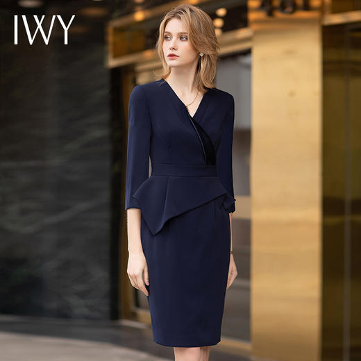 IWY/藏青色2022年夏季新款职业显瘦高端品牌女装气质修身连衣裙OLQ746 商品图1