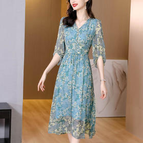 2022夏季新款中长款V领碎花收腰显瘦连衣裙 XYX5524