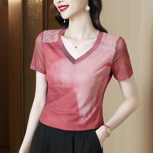 网纱短袖t恤，洋气小衫显瘦v领钉珠修身打底上衣KQL-7091 商品图2