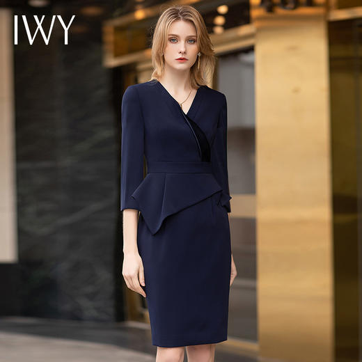 IWY/藏青色2022年夏季新款职业显瘦高端品牌女装气质修身连衣裙OLQ746 商品图0