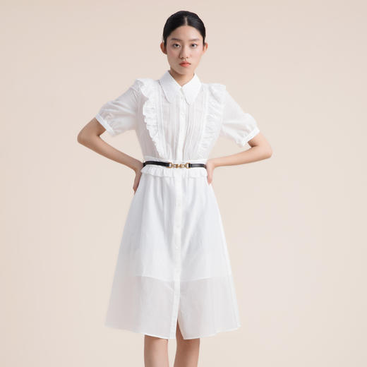 谜底2022夏新款复古荷叶边翻领压褶短袖白色天丝连衣裙222ML0691 商品图3
