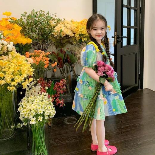 新款女童田园油画风连衣裙夏装新款女孩渐变色公主裙儿童短袖裙子 商品图1