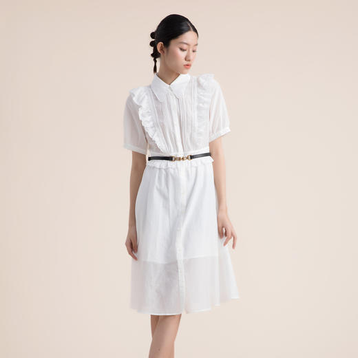 谜底2022夏新款复古荷叶边翻领压褶短袖白色天丝连衣裙222ML0691 商品图1