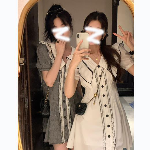 （清仓现货）【社群供V】荷叶边连衣裙精致花边俏皮优雅V领单排扣涤纶2 商品图3