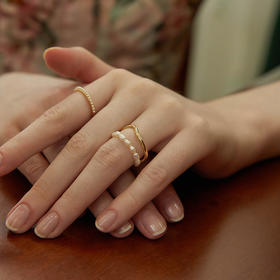 Oflye潮流饰品 双层珍珠链条戒指复古港式不规则叠戴食指戒小众饰品