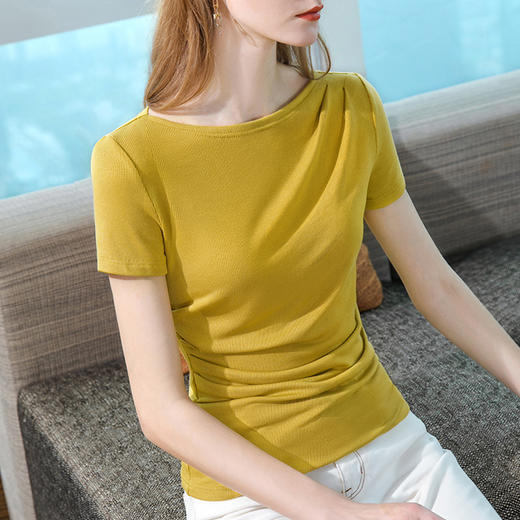 莫代尔气质一字肩纯色体恤褶皱收腰上衣SG-T2X2527 商品图0