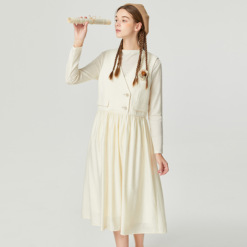 Famecoco范可儿小香风甜美无袖连衣裙秋款别致温柔马甲裙