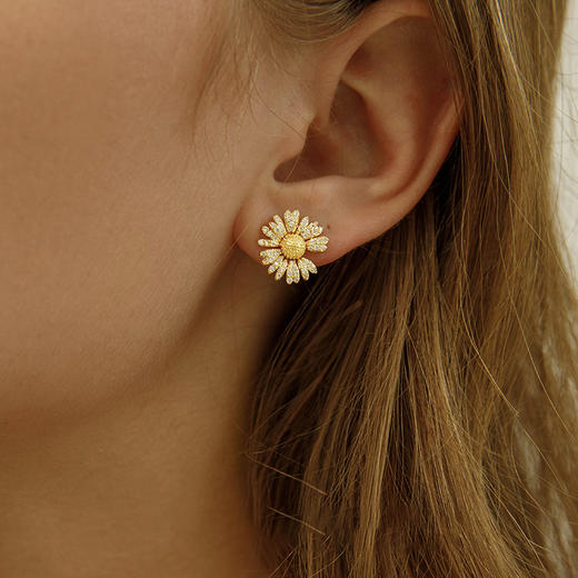 Oflye潮流饰品 向日葵耳环女锆石镶嵌花朵耳钉新款时尚甜美少女饰品 商品图0
