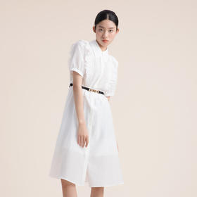谜底2022夏新款复古荷叶边翻领压褶短袖白色天丝连衣裙222ML0691