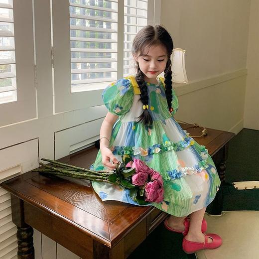 新款女童田园油画风连衣裙夏装新款女孩渐变色公主裙儿童短袖裙子 商品图3