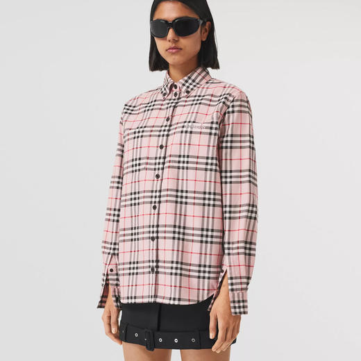 BURBERRY 巴宝莉 女士刺绣徽标格纹宽松棉质长袖衬衫 粉色格子 8054631 A5896 商品图1