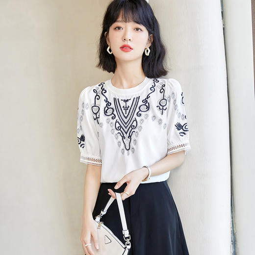 短袖白色小衫女2022夏薄款设计感小众上衣百搭显瘦刺绣雪纺衫 NSM1903 商品图2