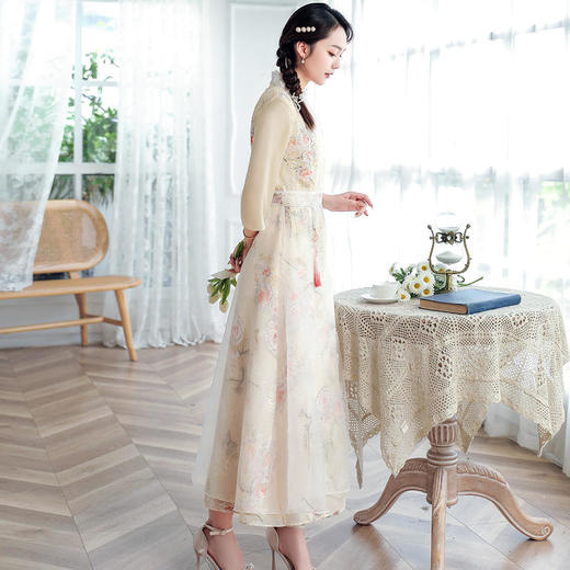 2022新款夏装改良汉服优雅交领蕾丝边连衣裙雪纺复古印花刺绣襦裙 ZSM210623 商品图2