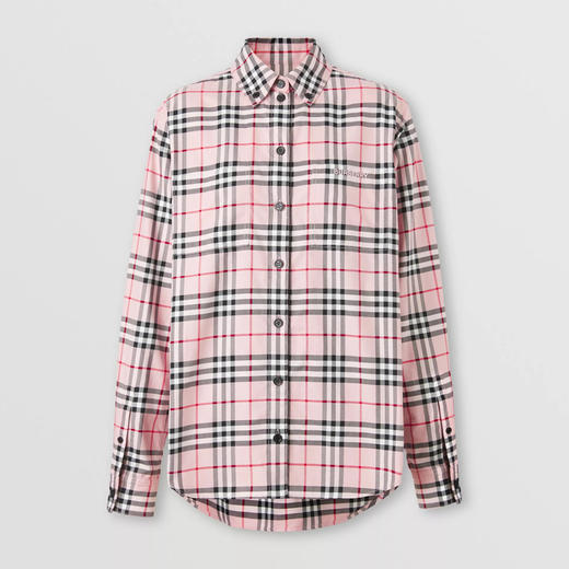 BURBERRY 巴宝莉 女士刺绣徽标格纹宽松棉质长袖衬衫 粉色格子 8054631 A5896 商品图0