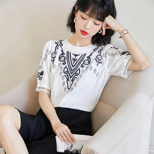 短袖白色小衫女2022夏薄款设计感小众上衣百搭显瘦刺绣雪纺衫 NSM1903 商品图0