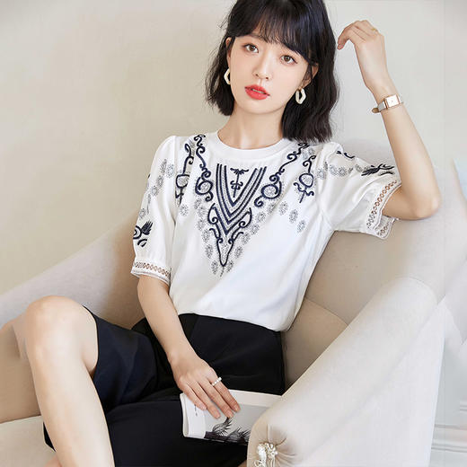 短袖白色小衫女2022夏薄款设计感小众上衣百搭显瘦刺绣雪纺衫 NSM1903 商品图4