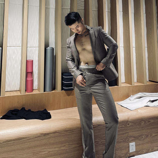 男装修身西服套装/单西 霸道总裁范  咖色条纹 进口稀缺面料 J204M4662 商品图2