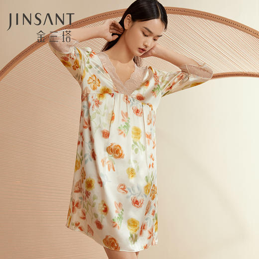 金三塔100%桑蚕丝舒适凉感女士真丝印花拼刺绣蕾丝睡裙家居服新品 YSFCC306 商品图1