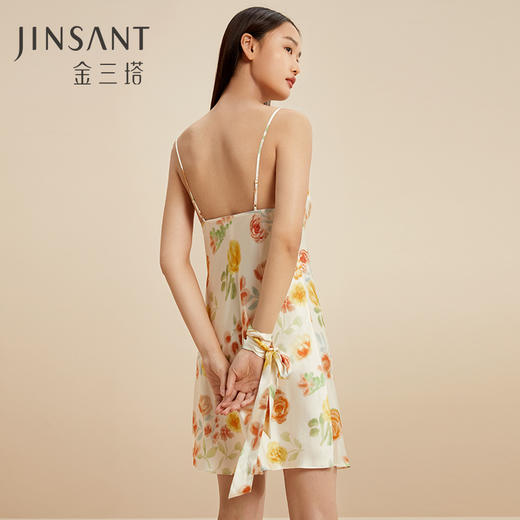 金三塔100%桑蚕丝舒适凉感女士真丝印花拼刺绣蕾丝吊带裙家居服新品  YSFCC304 商品图1