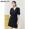 NEELLY纳俪商场同款气质V领连衣裙女褶皱收腰设计显瘦泡泡袖A字裙 商品缩略图0