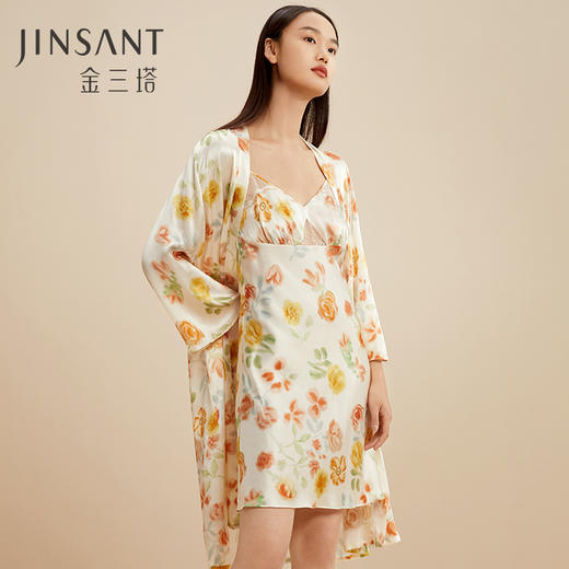 金三塔100%桑蚕丝舒适凉感女士真丝印花拼刺绣蕾丝睡袍家居服新品 YSFCC102 商品图1