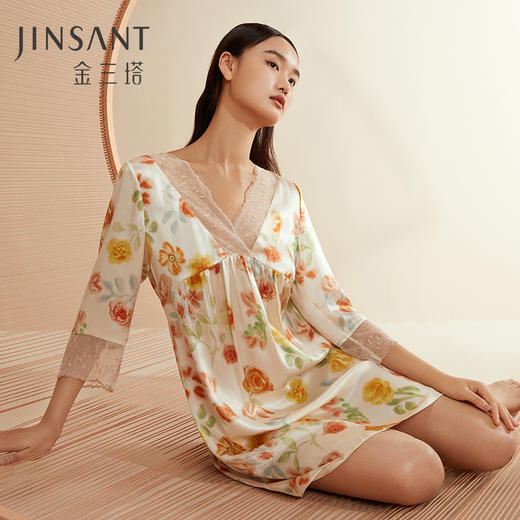 金三塔100%桑蚕丝舒适凉感女士真丝印花拼刺绣蕾丝睡裙家居服新品 YSFCC306 商品图0