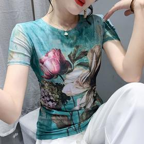 KQL A55N9962时尚纱网印花定位花修身显瘦洋气T恤