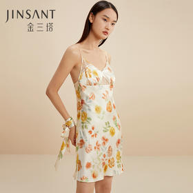 金三塔100%桑蚕丝舒适凉感女士真丝印花拼刺绣蕾丝吊带裙家居服新品  YSFCC304