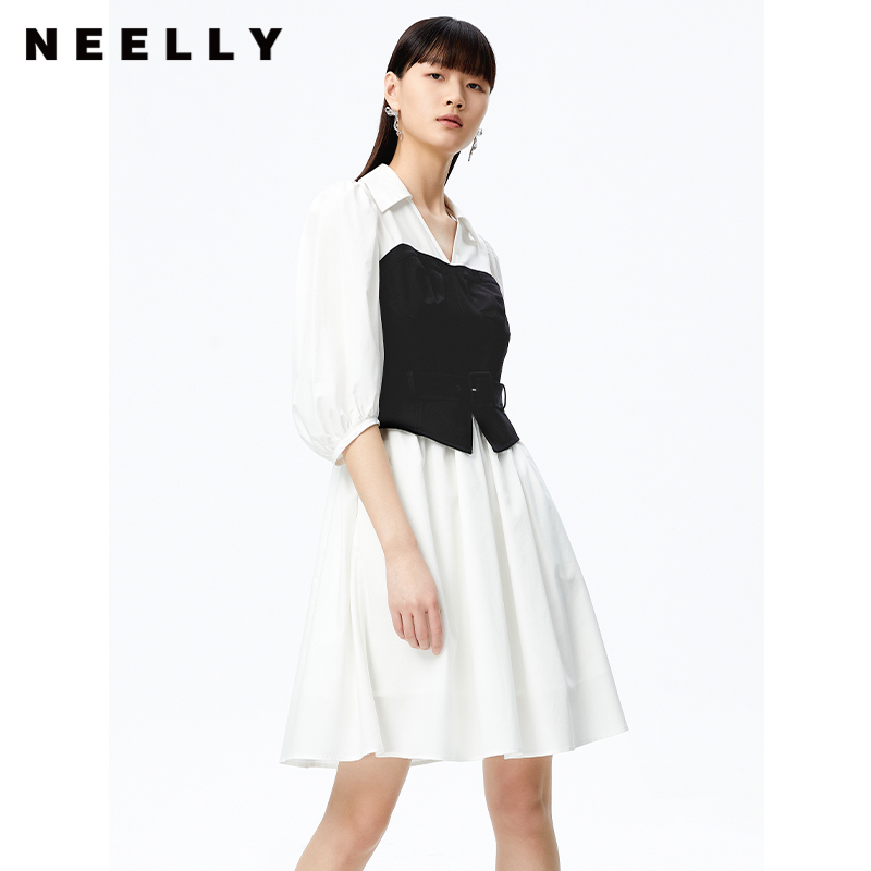 NEELLY纳俪商场同款假两件连衣裙女简约通勤A字裙2022秋季新款N22072Y01041