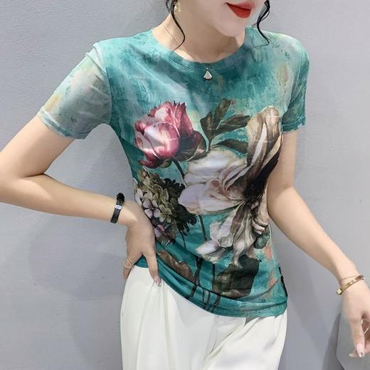 KQL A55N9962时尚纱网印花定位花修身显瘦洋气T恤 商品图1