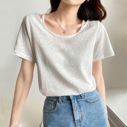 【时尚百搭，清凉透气】雪花棉麻T恤，夏季2022年新款设计感 小众薄款白色短袖t恤女宽松 商品图1