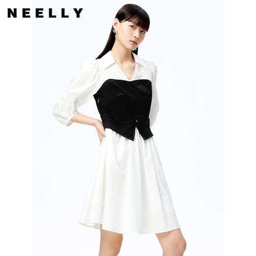 NEELLY纳俪商场同款假两件连衣裙女简约通勤A字裙2022秋季新款N22072Y01041 商品图2