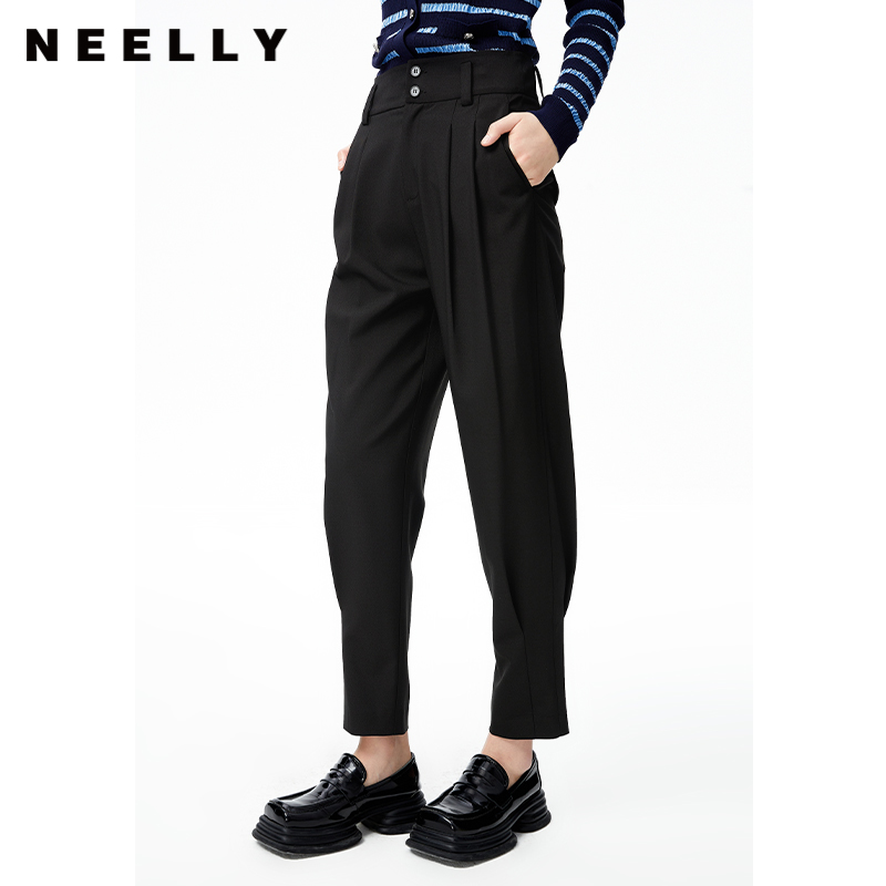 NEELLY纳俪商场同款高腰立体打褶西装裤显瘦束脚哈伦裤百搭休闲裤N22072H01036