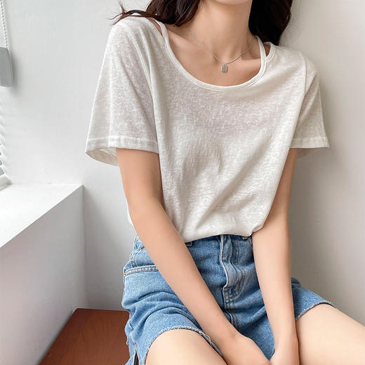【时尚百搭，清凉透气】雪花棉麻T恤，夏季2022年新款设计感 小众薄款白色短袖t恤女宽松 商品图3