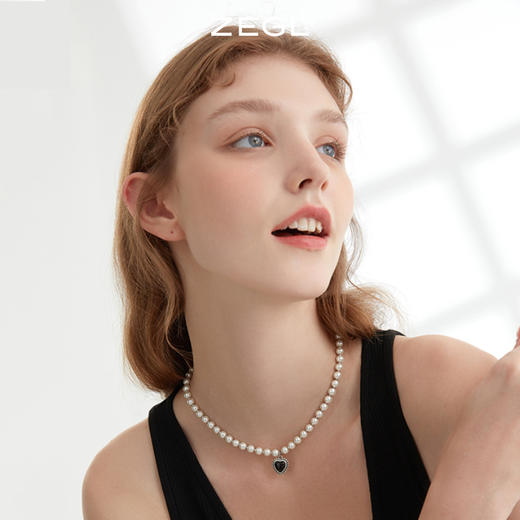 ZEGL爱心人造珍珠项链女高级设计感小众黑玛瑙锁骨链法式复古配饰 商品图1