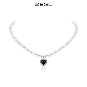 ZEGL爱心人造珍珠项链女高级设计感小众黑玛瑙锁骨链法式复古配饰