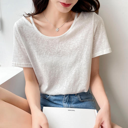 【时尚百搭，清凉透气】雪花棉麻T恤，夏季2022年新款设计感 小众薄款白色短袖t恤女宽松 商品图0