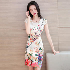 复古国风时尚印花包臀裙，修身一步裙圆领短袖（版型偏小）A字裙 ZMLM0048