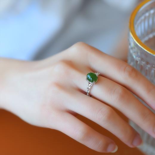 带证书蛋面碧玉戒指 复古国风竹叶开口可调节925纯银绿色玉石女戒 JX11212 商品图2