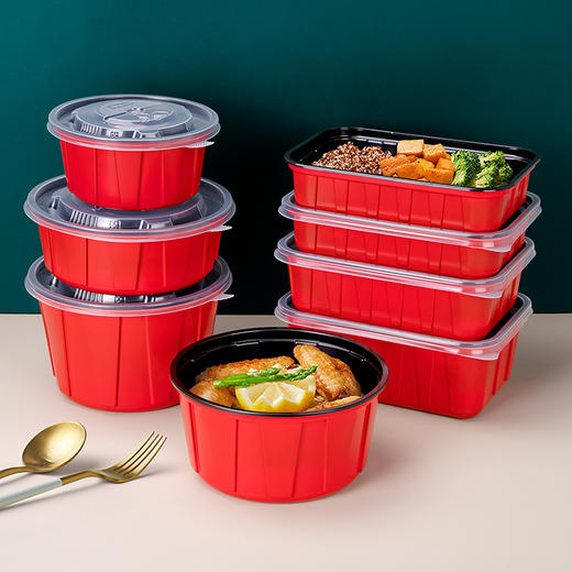 喇叭花黑红一次性圆碗饭盒外卖打包盒面碗汤碗商用圆形餐盒带盖 商品图1