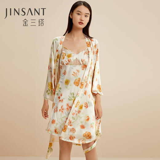 金三塔100%桑蚕丝舒适凉感女士真丝印花拼刺绣蕾丝睡袍家居服新品 YSFCC102 商品图0