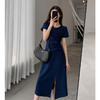 【法式简约】藏青色连衣裙 圆领纯色 收腰显瘦 高级感气质中长裙 商品缩略图1