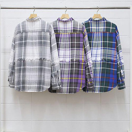 UNUSED FRINGE BIG CHECK SHIRT 水洗做旧流苏拼接格子长袖衬衫 商品图1