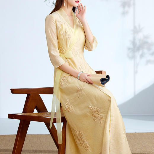 醉蝶 复古刺绣禅服系带裹身连衣裙 OG6306 商品图1