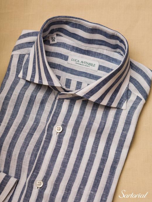 Luca Avitabile 蓝色条纹亚麻衬衫 商品图1