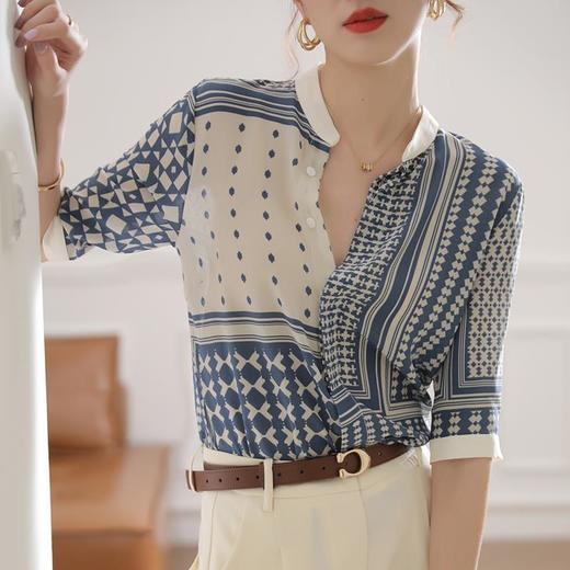 【满满设计感】法式真丝衬衫 中袖立领 复古格子条纹 设计感小众蚕丝上衣 商品图0