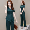 YWE-HG22F41新款时尚气质修身翻领短袖上衣休闲长裤两件套 商品缩略图0