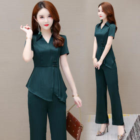 YWE-HG22F41新款时尚气质修身翻领短袖上衣休闲长裤两件套